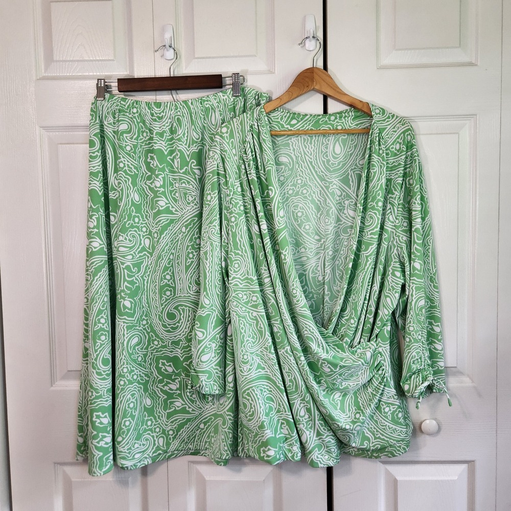Bob Mackie Wearable Art Green Paisley 2-Piece Set Draped Top & Skirt 2X Colorful